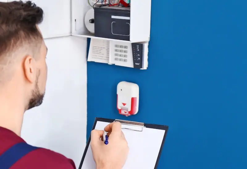 Techniker von Jansen Elektrotechnik bei der Wartung und Inspektion einer Alarmanlage mit Bewegungsmeldern und Sirenen